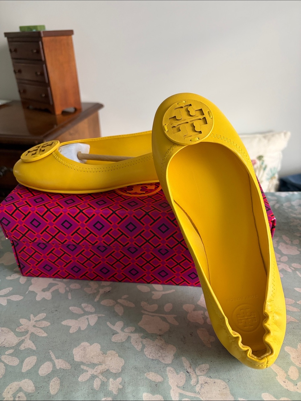 Tory Burch Bright Yellow Logo Leather Ballet Flats